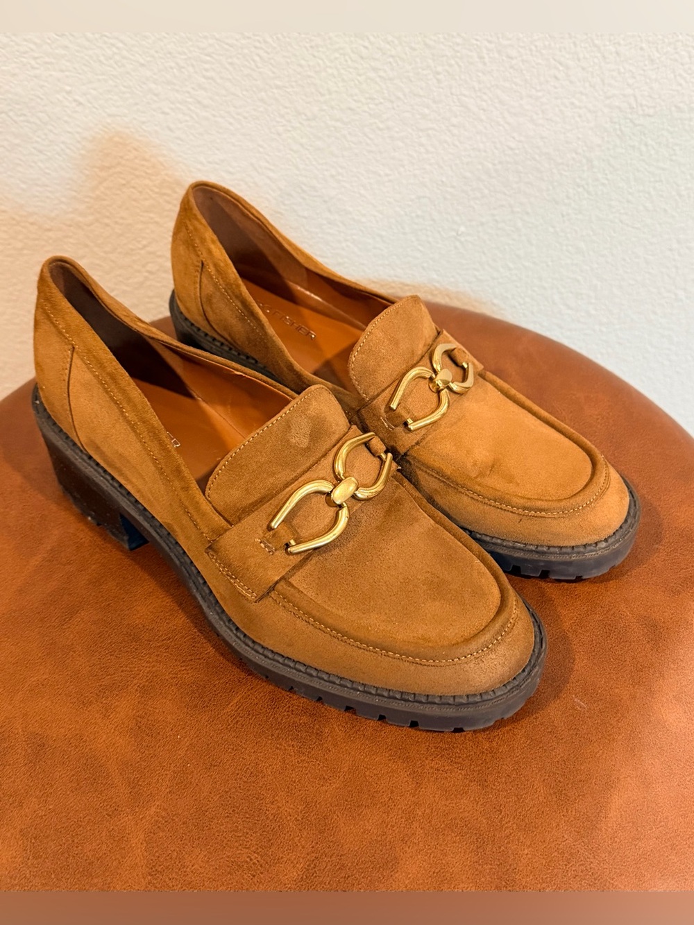 Marc Fisher Women’s Delanie Faux Suede Lug Sole Loafers - Cognac Tan Size 8
